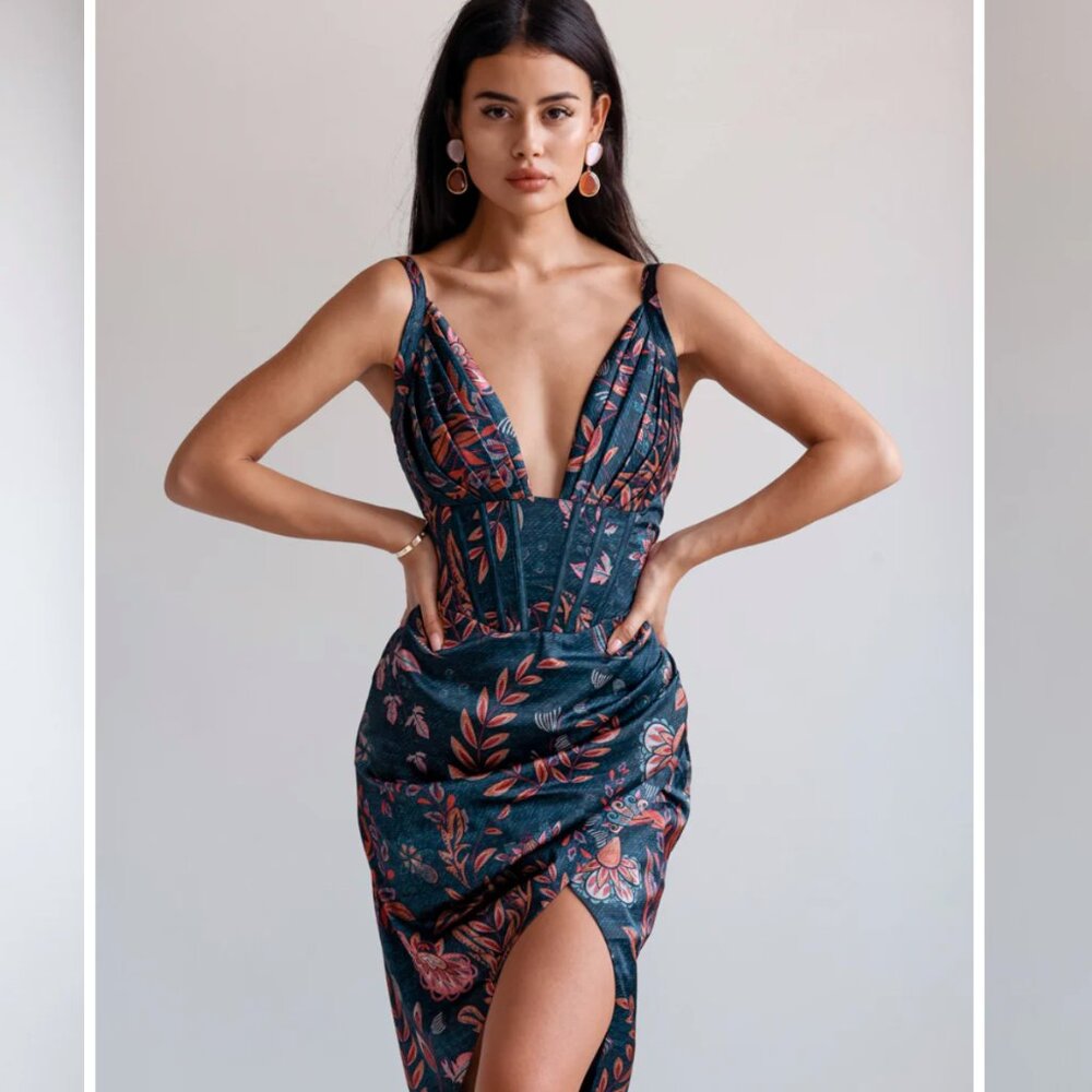 NEW Averie Halley Draped Midi Tropical Cocktail Evening Dress - Picture 1 of 12